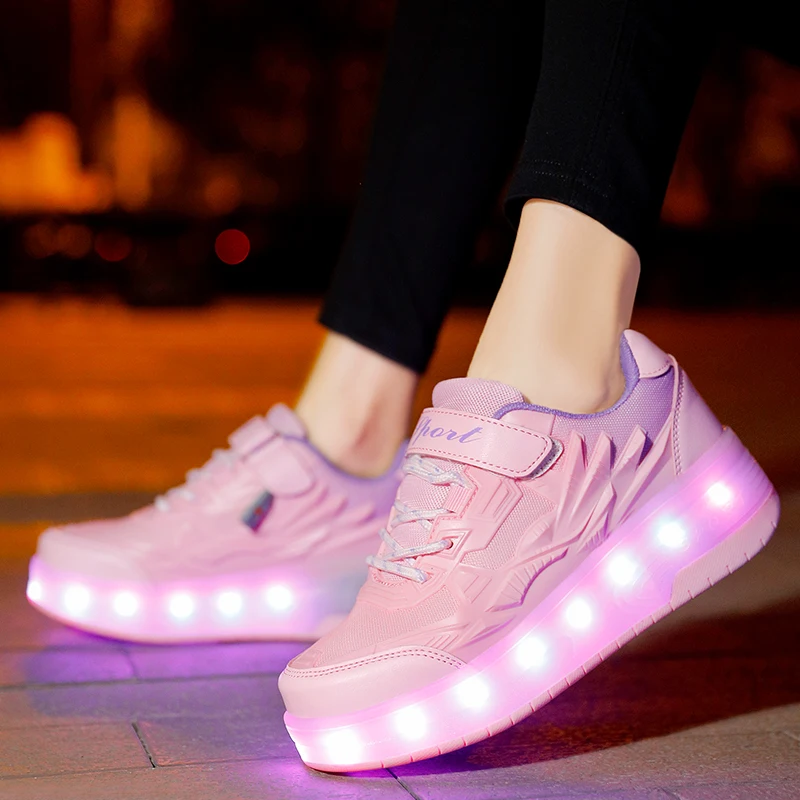 Fashion USB Charging Children LED Light Roller Skate Shoes For Kids Boys Girls Glowing Sports Luminous Sneakers With Two Wheels