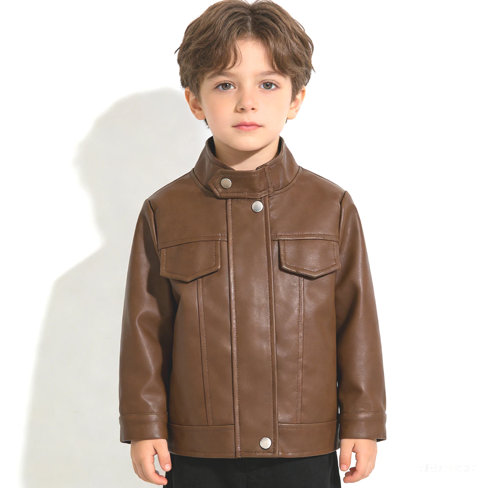 Boys' Leather Jacket,Children's Faux Leather Biker Jacket,Stand-Collar Kids PU Leather Coat,Windproof Fashion Outdoor Outerwear