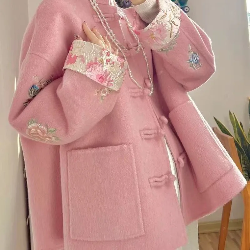 

Двустороннее кашемировое пальто с имитацией женского нового китайского стиля с пряжкой в стиле ретро и вышивкой в стиле Тан, зимнее пальто в китайском стиле для молодых