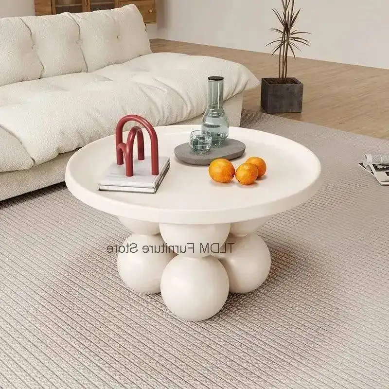 Modern Ball-Shaped Base Coffee Table, Cream Round Accent Table with Tray Top, Living Room Home Decor Furniture