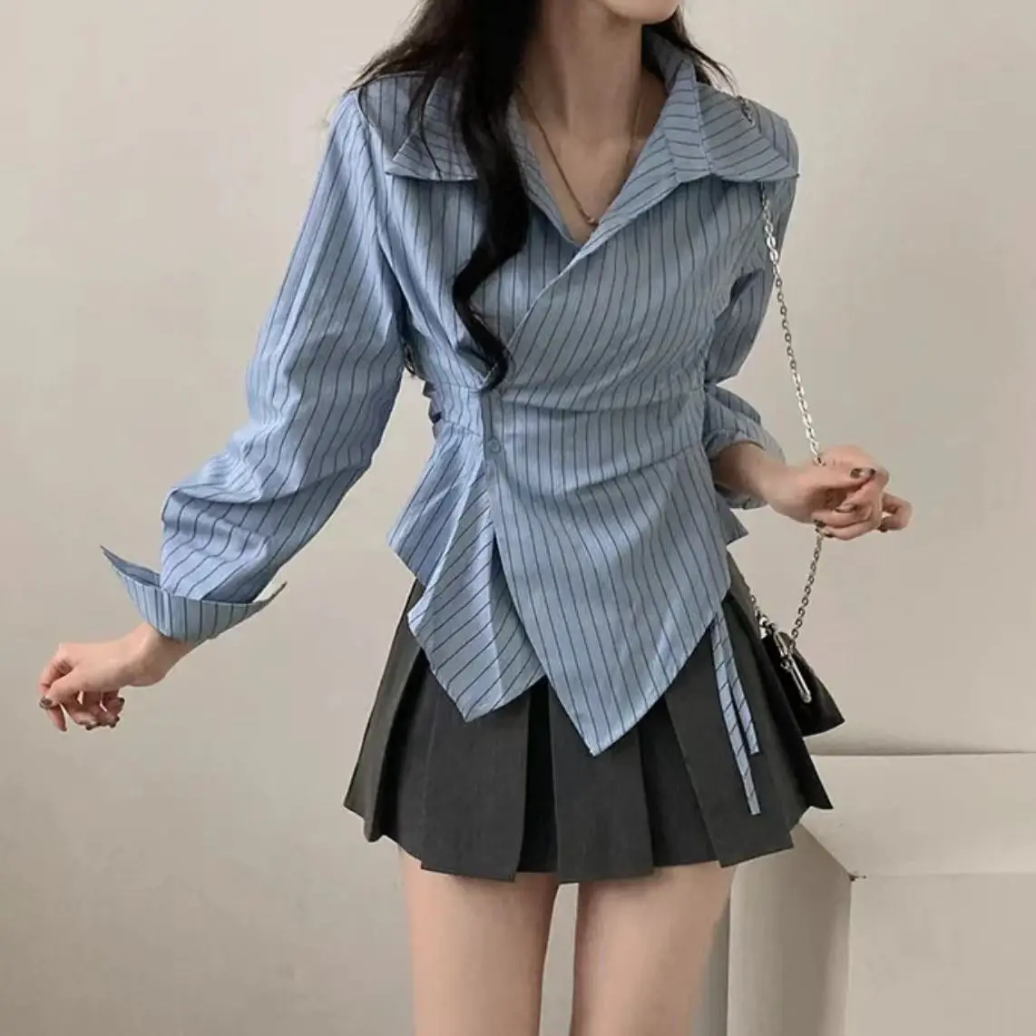 

Korea Design Irregular Waist-Hugging Autumn Shirt Striped College Style Shirt Long Sleeve Spring Autumn New Slim Top