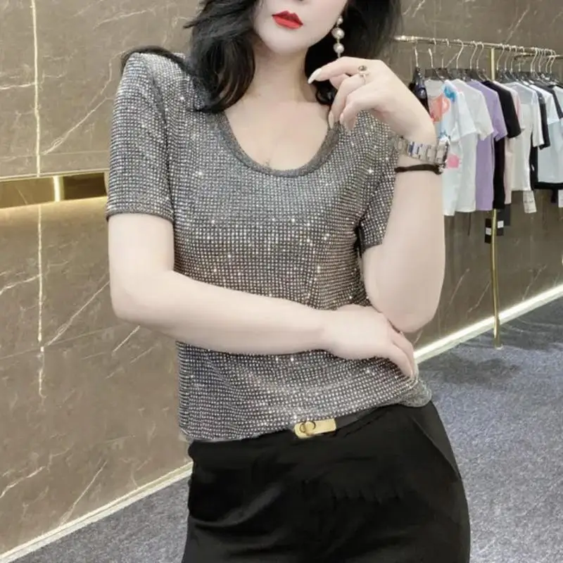 Summer New Women's Crew Neck Bright Diamond Korean Version Slim Short Sleeve Commuter Heavy Industry Hot Diamond T-shirt Top