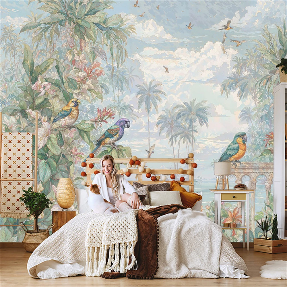 Custom 3D Nordic medieval background animals flowers birds wallpaper for living room parrots red wall paper home decoration