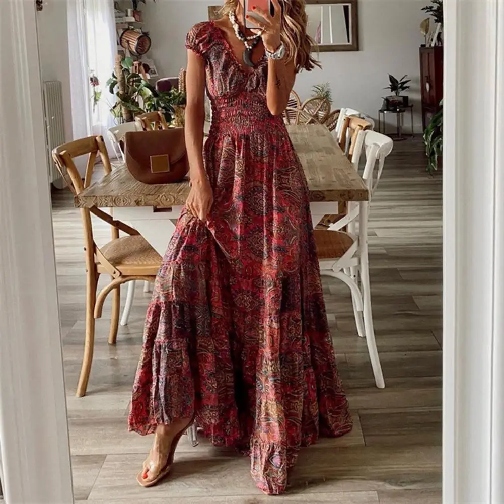 

Vintage Women Dresses Bohemian Dress Gypsy Causal V Neck Straps Dress Woman Boho Style Short Sleeve Long Dresses Beach Vestidos