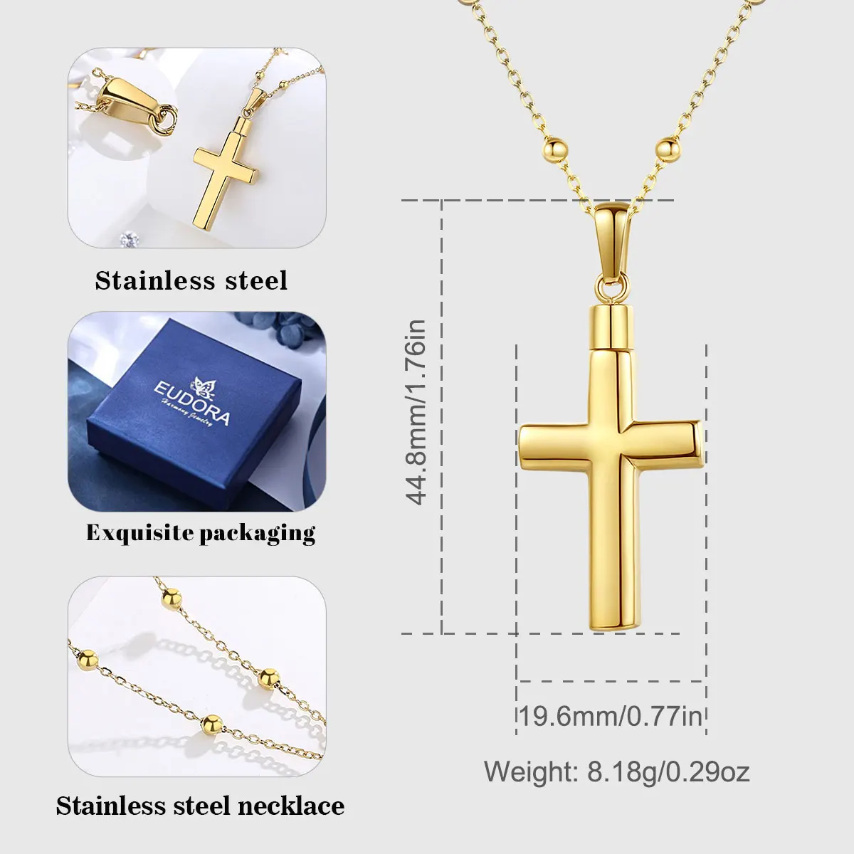 Eudora Stainless Steel Cross Locket Cremation Necklace Memorial Ashes Urn Pendant Men's Women's Fashion Memorial Jewelry Gift