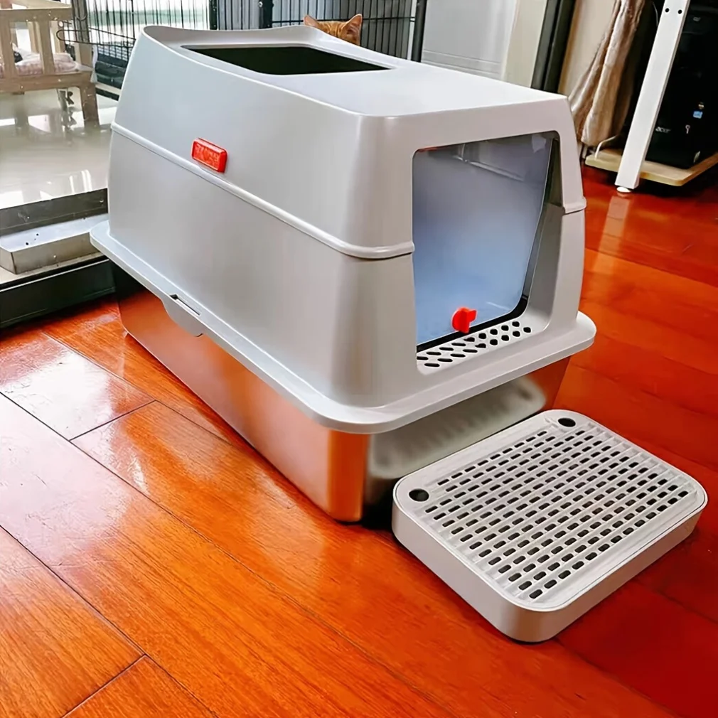

[Stainless Litter Box] 17.17gal Big Stainless Steel Litter Box Metal Litter Tray Never Absorbs Odor, with Lid High-Sided Enclosed Open Box, XXL
