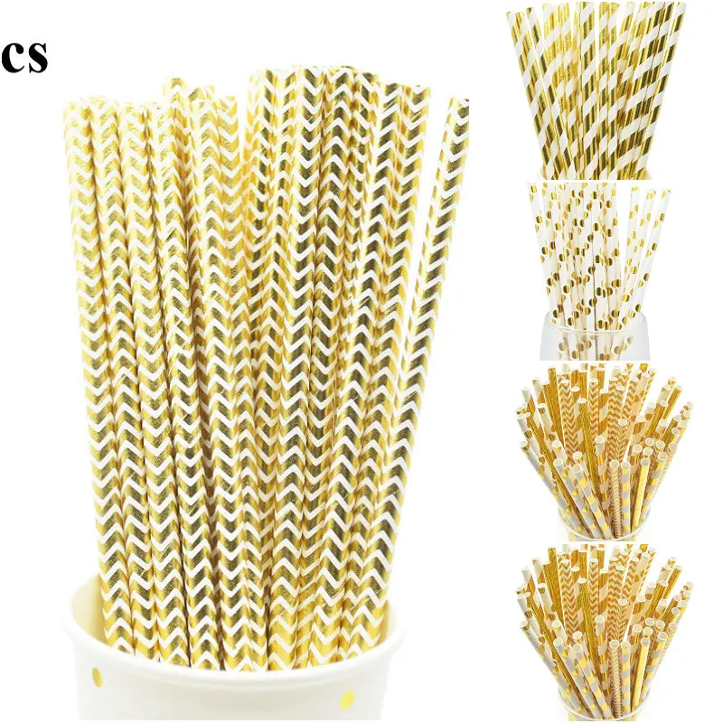 Free Shipping 400pcs Gold Paper Straws Mixed 4 Patterns,Party Supplies Paper Drinking Straws Wholesale