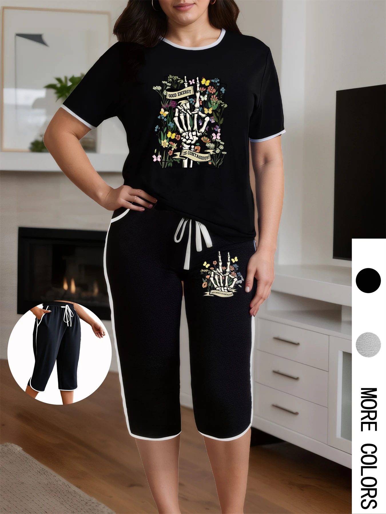 

Plus Size Women Two Piece Set Graphic Print Short Sleeve T-shirt Capri Pants Summer Suits Oversize Ladies 2 Piece Outfits