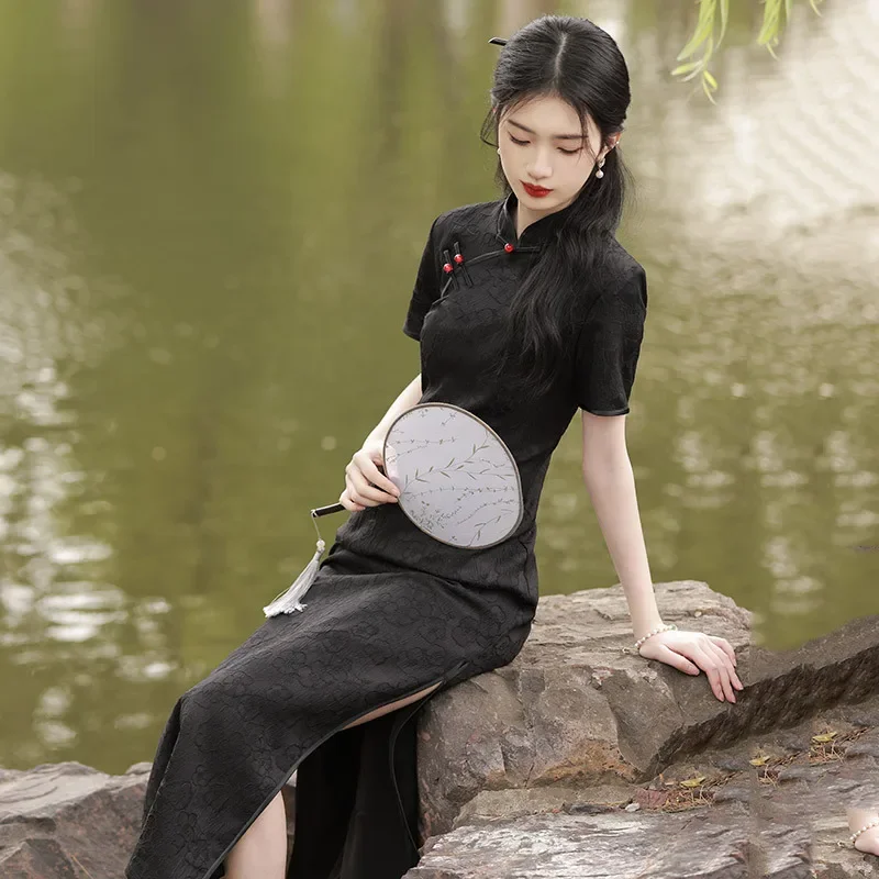 

Black Lace Long Traditional Chinese improve Cheongsam 2025 New Retro Slim Fashion Show Qipao Dress