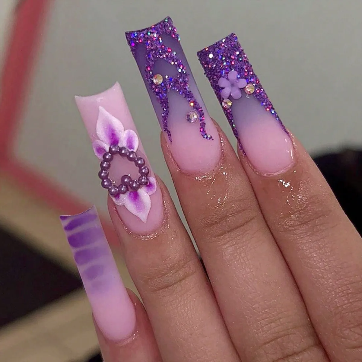 Black Friday y2k 24pcs hand-worn nail coffin A French wear nail piece purple pink flower super long diamond three-dimensional na