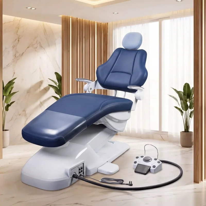 Professional Beauty Salon Bed Electric Treatment Chair Motorized Height & Tilt Blue White Medspa Furniture Foot Operated