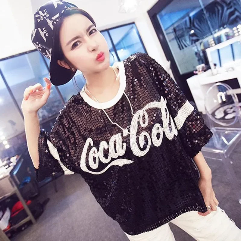 Chic Hong Kong Style Loose Fit Short Sleeve T-shirt Women's Trendy Petite Summer Glitter Top Crew Neck Design Sensibility