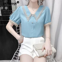 Sweet Peter Pan Collar Lace Hollow Spliced Short Sleeve Chiffon Shirt Commute Pullovers Elegant Summer New Women Clothing Blouse