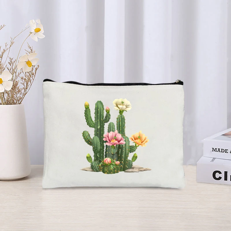 Flower Cactus Print Canvas Cosmetic Bag Organizer donna Travel Sundry Storage Zipper Pouch cancelleria forniture per ufficio Pencil Bag