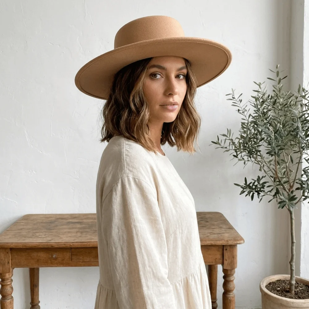 Fashion Solid Color Hepburn Style Bucket Hat British Style Woolen Wide Brim Felt Hat Fedora Hat Flat Top Women Jazz Hat Dinner