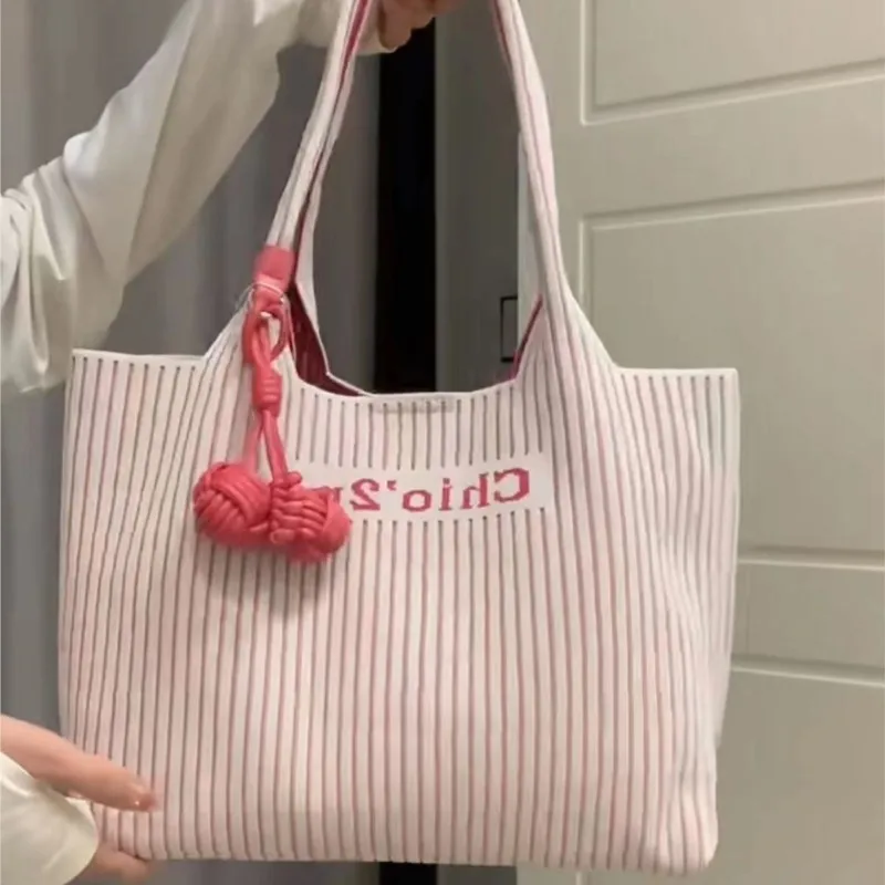 

Милая милая розовая полосатая большая сумка для женщин с буквенным принтом и цветными блоками, большая вместительная сумка на плечо, женская повседневная сумка для пригородных поездок, новинка