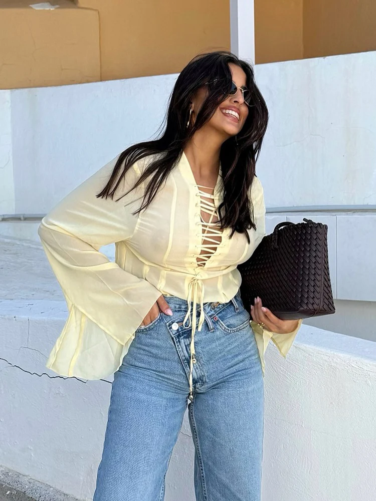TRAFZA Women's Summer New Versatile V-neck Lace-up Decorative Chiffon Loose Shirt Female Thin Pullover Casual Long Sleeve Shirt