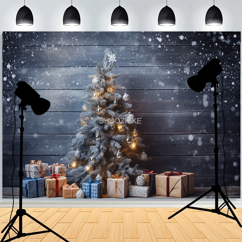 

Charismas Tree Gifts Lights Wooden Background Living Room Ornament Snowflake Family Party New Year Photography Backdrops XH-12