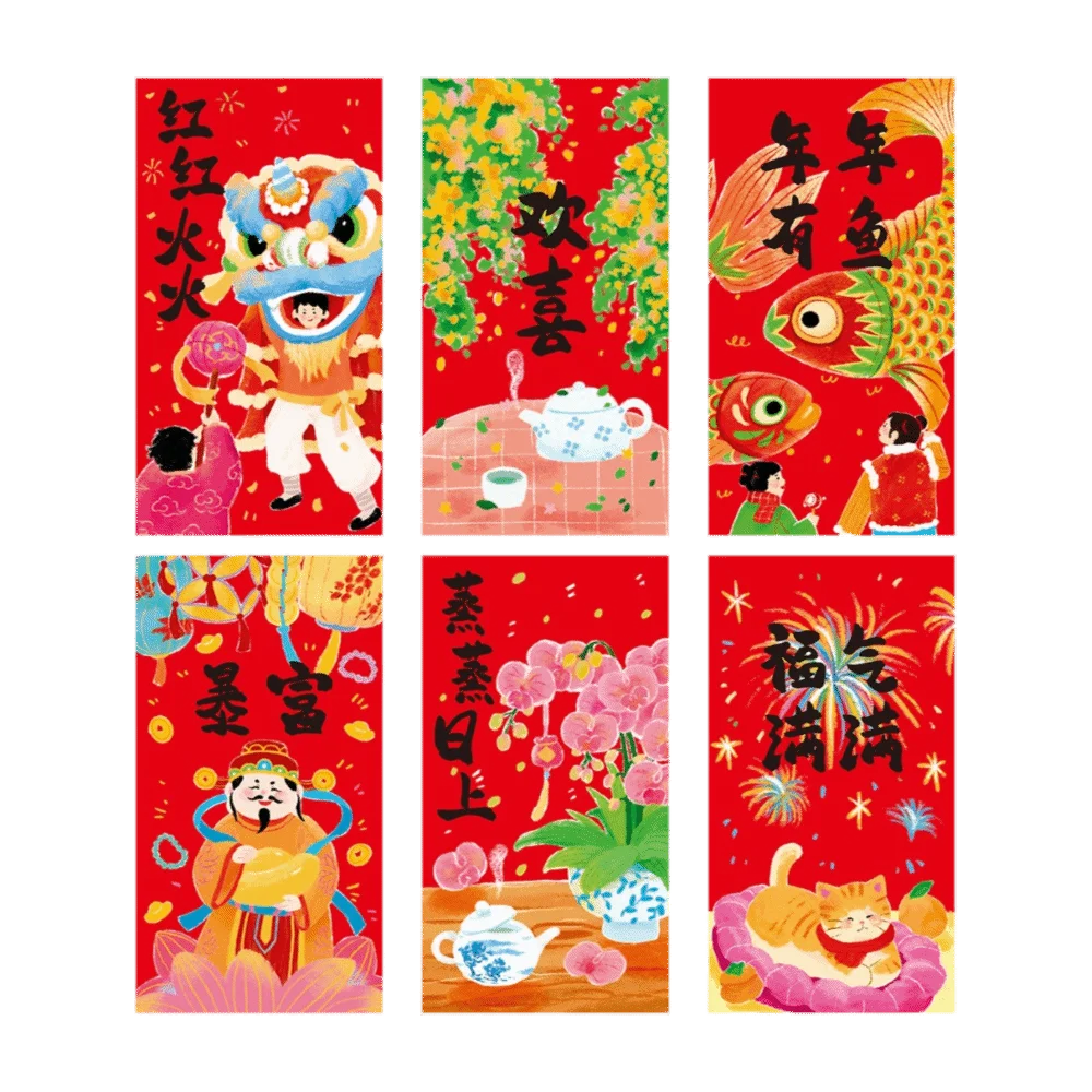 6Pcs Lucky Red Envelopes Chinese Style Gold Foil Design Cash Gift Envelopes New Year Blessing 2026 Luck Money Bag