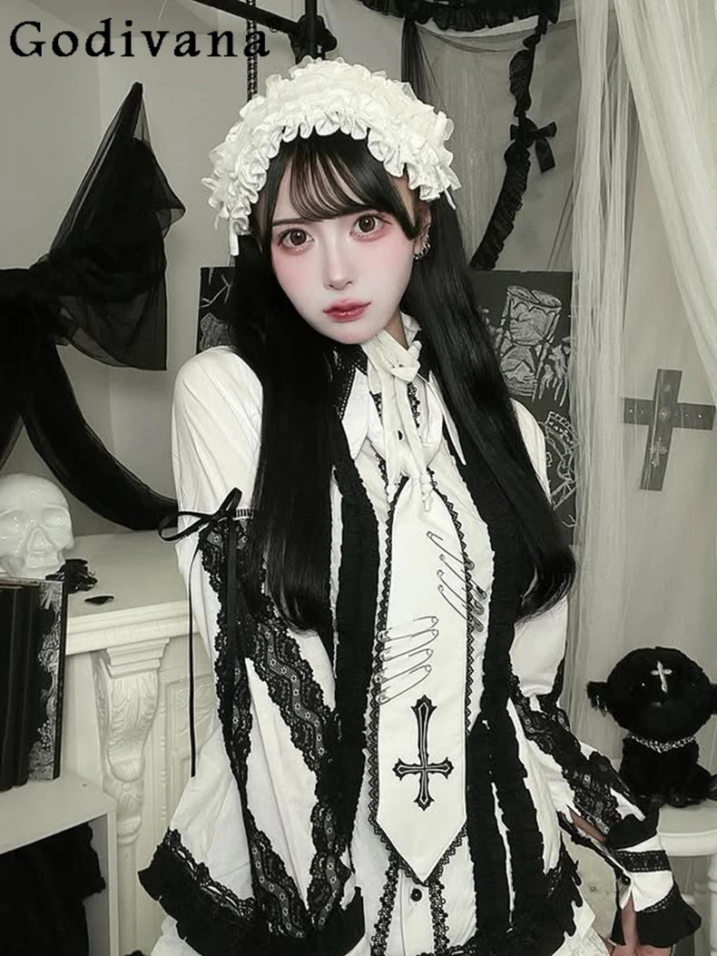 Subculture Gothic Long Sleeve Shirt Female Gothic Mass Production Cross Embroidered Bow Tie Lolita Blouses Cake Skirt Culottes