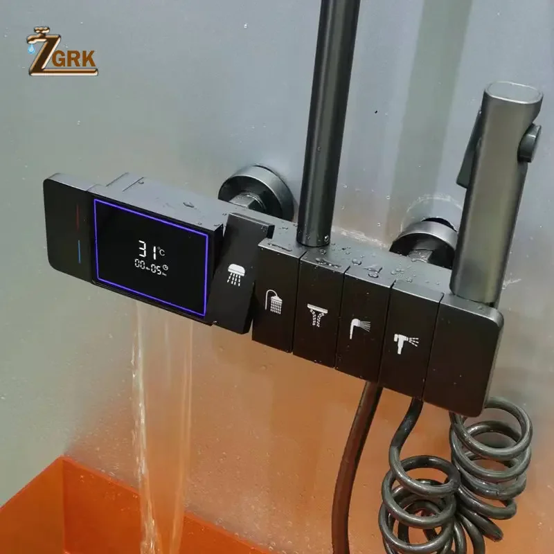 Imagem -03 - Conjunto de Chuveiro Termostático para Banheiro Funções Chuveiro Piano Pistola de Cachoeira Display Digital Cinza Creme e Sistema de Chuveiro Branco