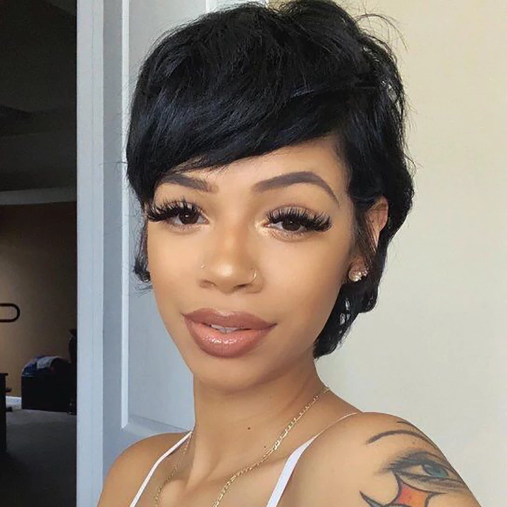 باروكة من شعر طبيعي قصيرة بقص عابث شعر بشري مفرود مع غرة منزوعة مسبقًا للنساء ذوات البشرة السمراء مصنوعة آليًا بالكامل شعر بشري 100%
