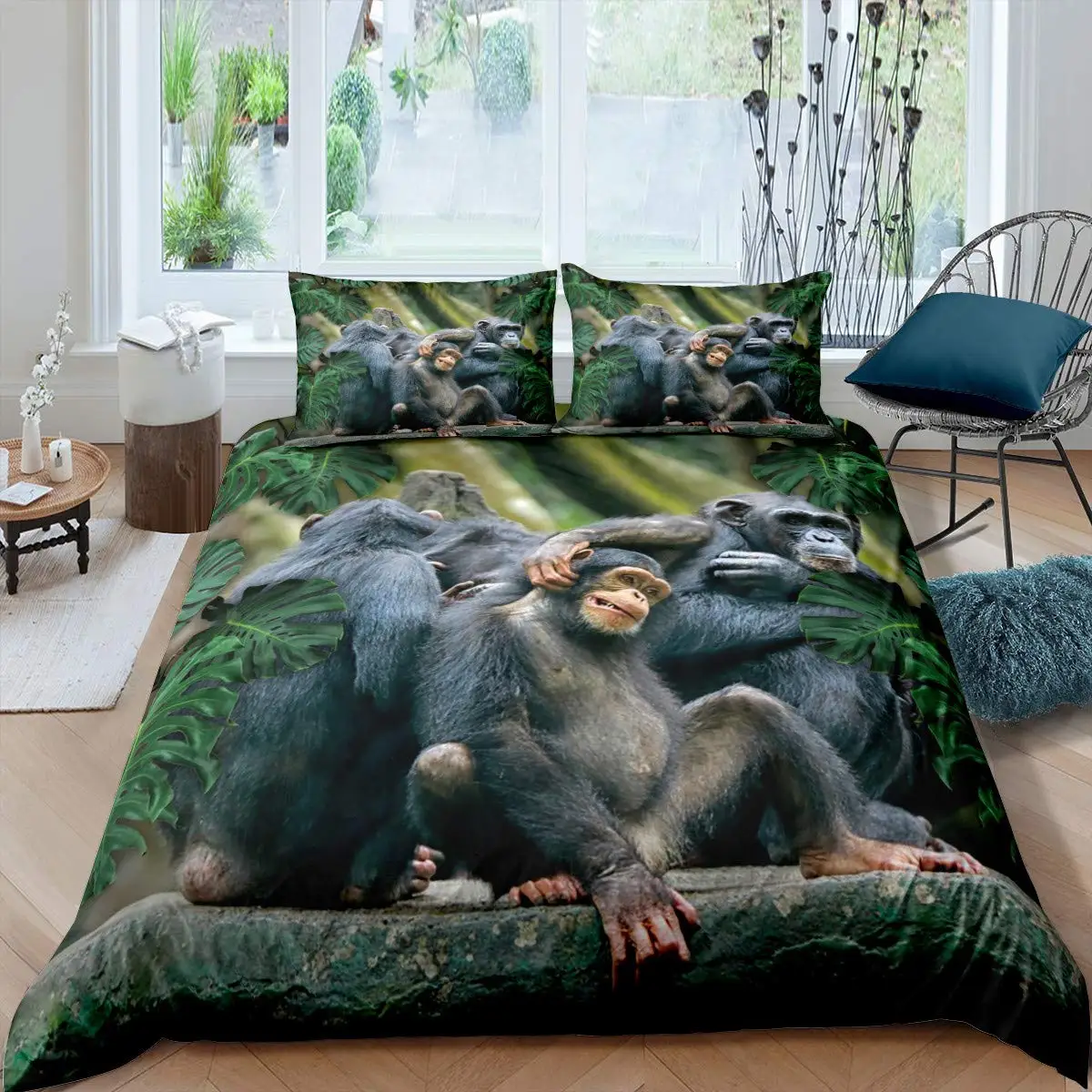 

Orangutan Duvet Cover Cute Monkey Bedding Set Palm Leaves Tropical Botanical Primitive Animal Comforter/Quilt Cover