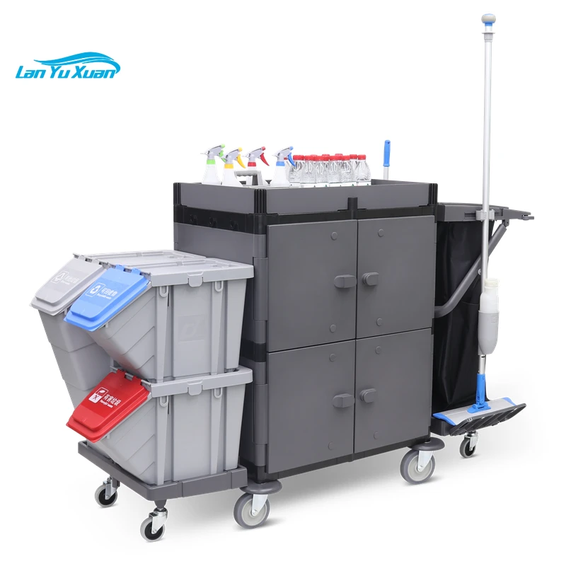 

CT corporation folding plastic janitor cleaning cart housekeeping room attendant trolley cart with nylon bag