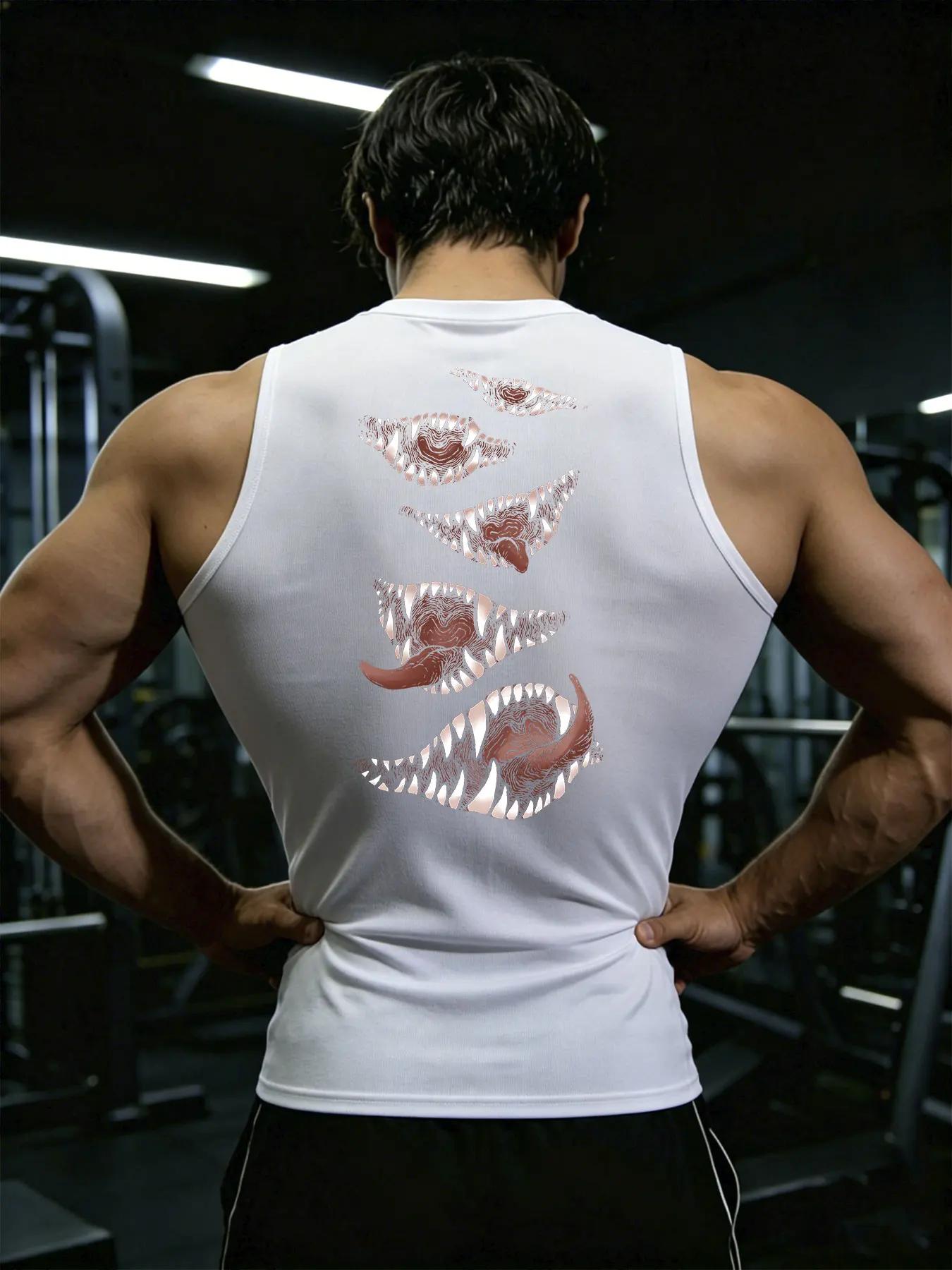 Men's Y2K Dark Fanged Monster Print Gym Tank Top Quick Dry Sleeveless Fitness Shirt Streetwear Bodybuilding Vest