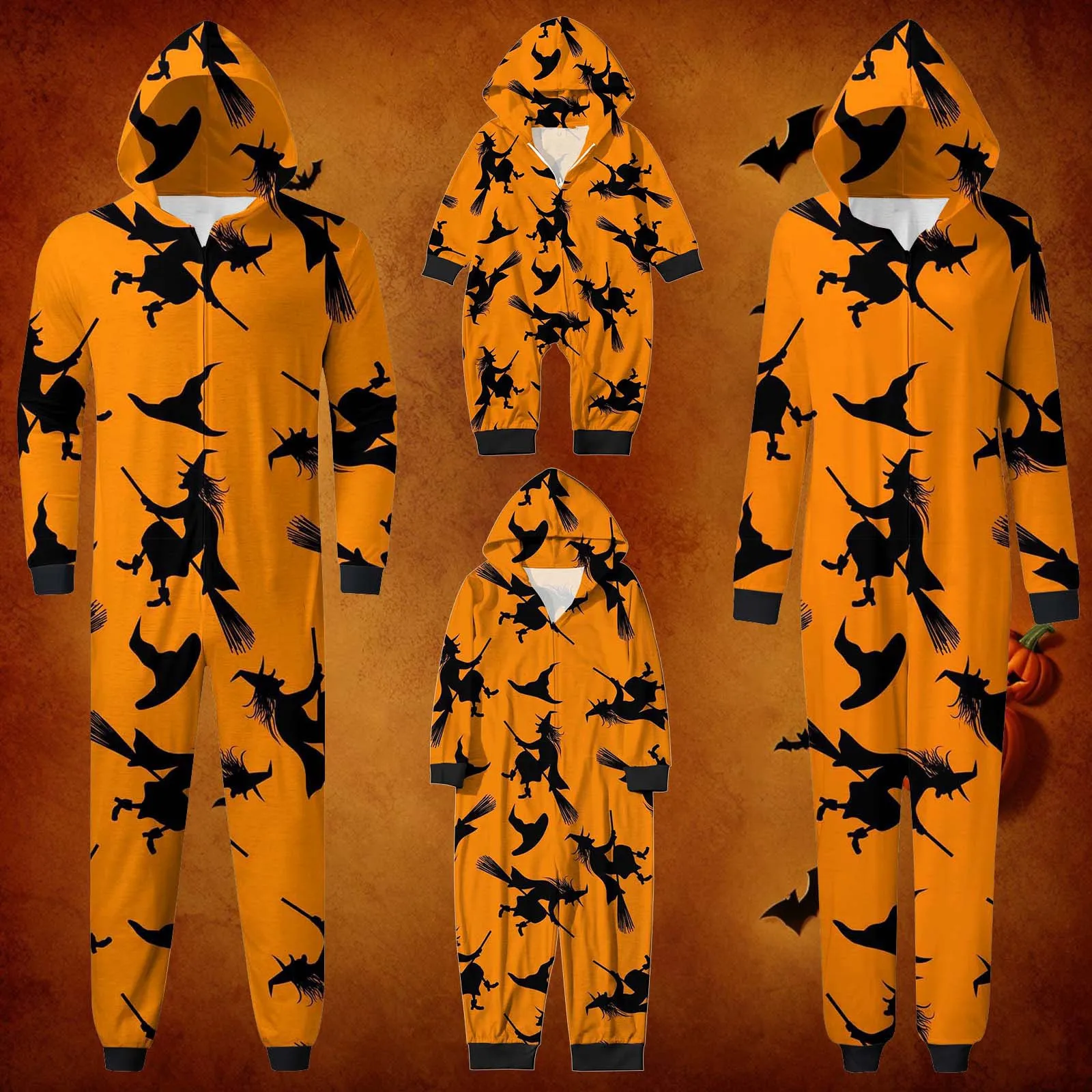 Halloween Family Pajama parent-child Costume Dad Mom Child Halloween Jumpsuit Costume One Piece Pajamas Gift Witch Zipper Hooded