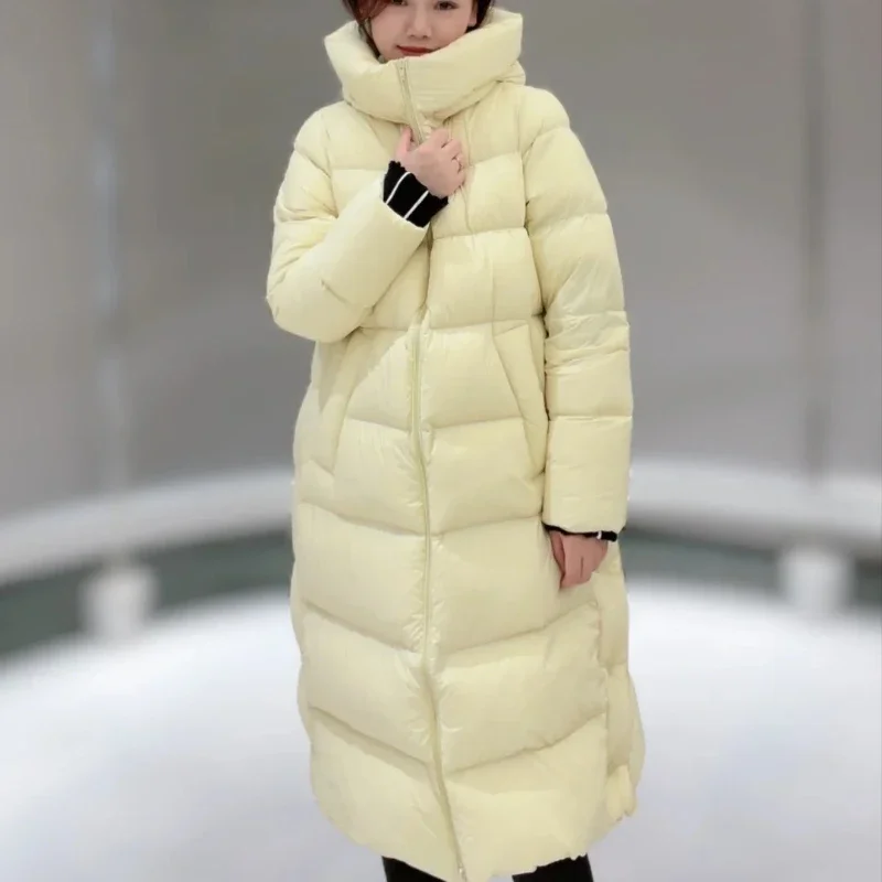 Winter Warm Long Knee Women's Down Jacket Thickened Hooded 90 White Duck Down Puffer Jacket Lightweight Warm Loose Leisure Coat