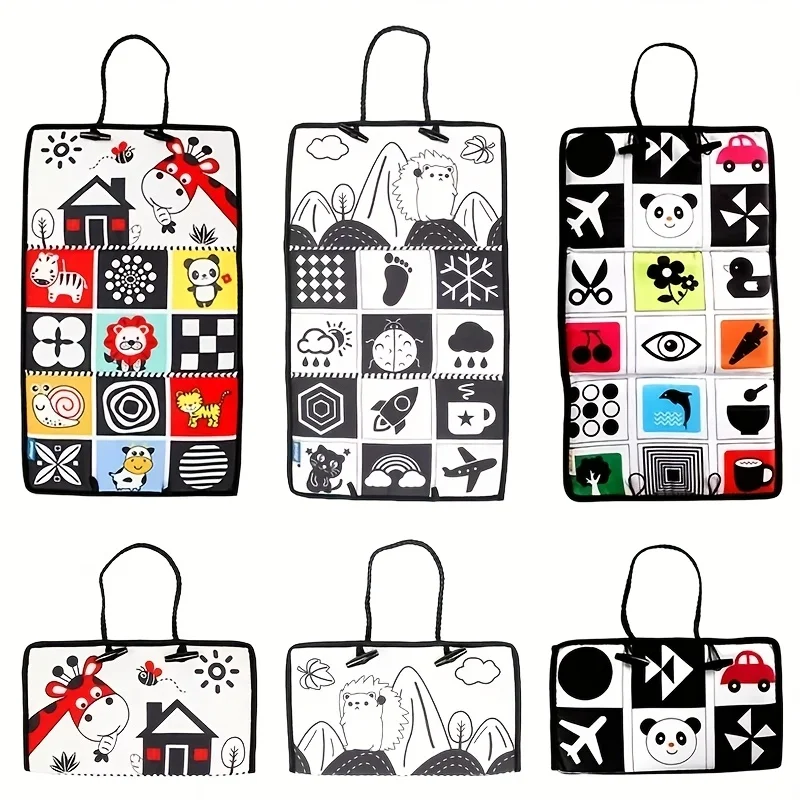 لعبة مرآة عالية التباين قابلة للطي بأشكال ملونة، حيوانات، كتاب ألغاز الفاكهة للشباب للتدريب الحسي باللونين الأبيض والأسود