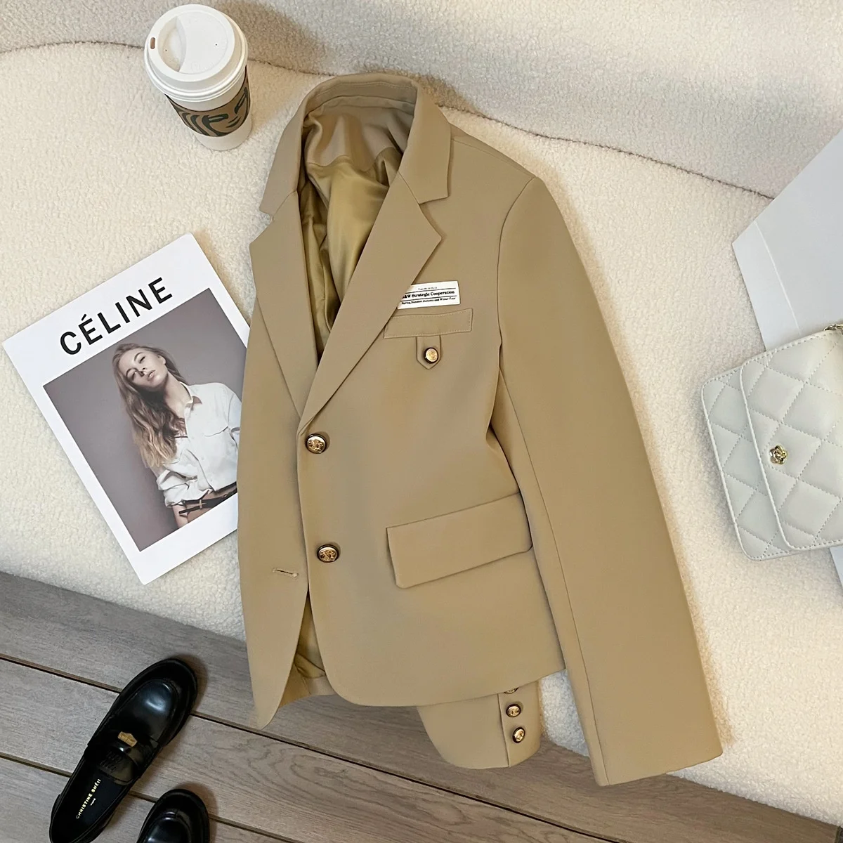 

Khaki Short Tailored Coat for Women Commute Style College Wind Loose Fit Long Sleeve Pure Color Autumn New Arrival