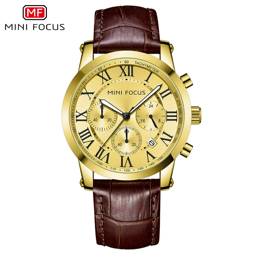 

MINI FOCUS Fashion Mens Quartz Watch Waterproof Leather Strap Date Wristwatches Мужские кварцевые часы