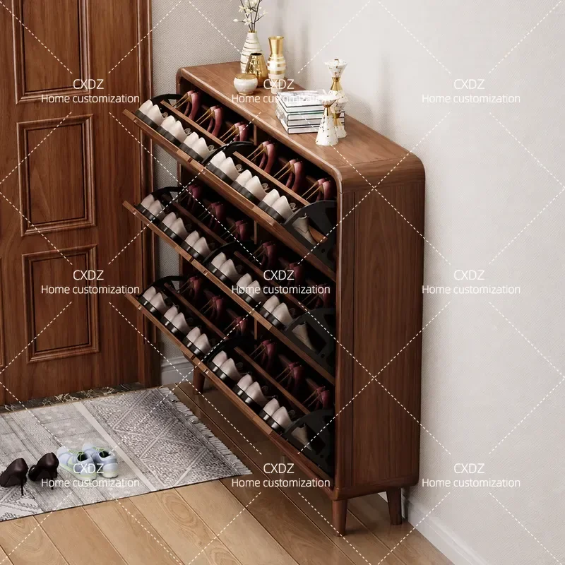 Ultra Thin Solid Wood Shoe Cabinet Tipping Bucket Design Space Saving Storage Rack for Entryway Hallway Small Apartment Home