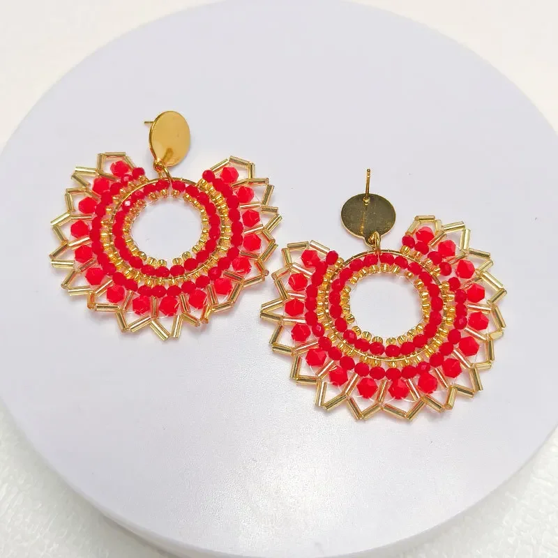 

2025 Handmade Bead Earring Circle Sunflower Originality Hand Knitting Crystal Bohemia Red Beaded Earrings for Women