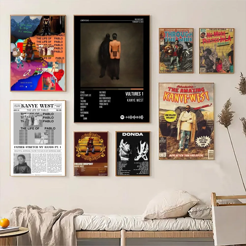 

Rapper Hip Hop Pop Singer Kanye West Self-adhesive Art Poster Retro Kraft Paper Sticker Room Cafe Vintage Decorative Painting