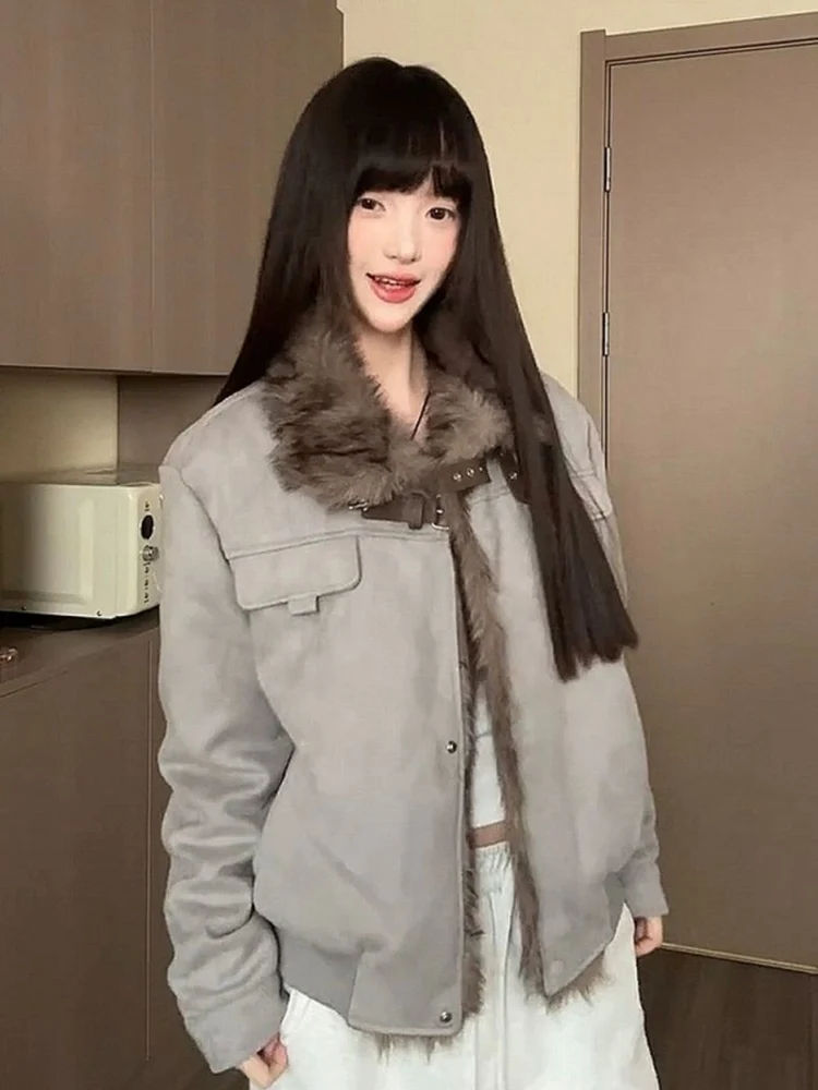 

Retro American ey Fur Collar Jaet Women's Winter Thiened Warm Cotton Coat with Polyester Long Sve Button Closure