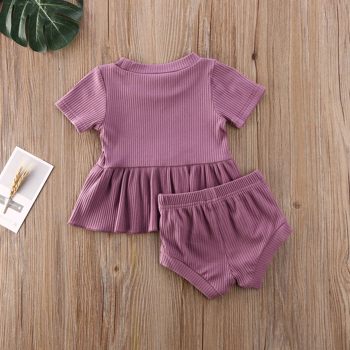 Baby Girls Solid Color Set, Ruffled Hem Short Sleeve O-neck Tops + Elastic Waist Drawstring Shorts for Summer 0-24Months