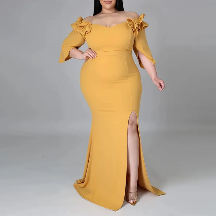 Plus Size Women Elegant Dresses Fashion Casual Solid Color Ruffle Long Dress Large Size Female Party Evening Dresses 2024 New