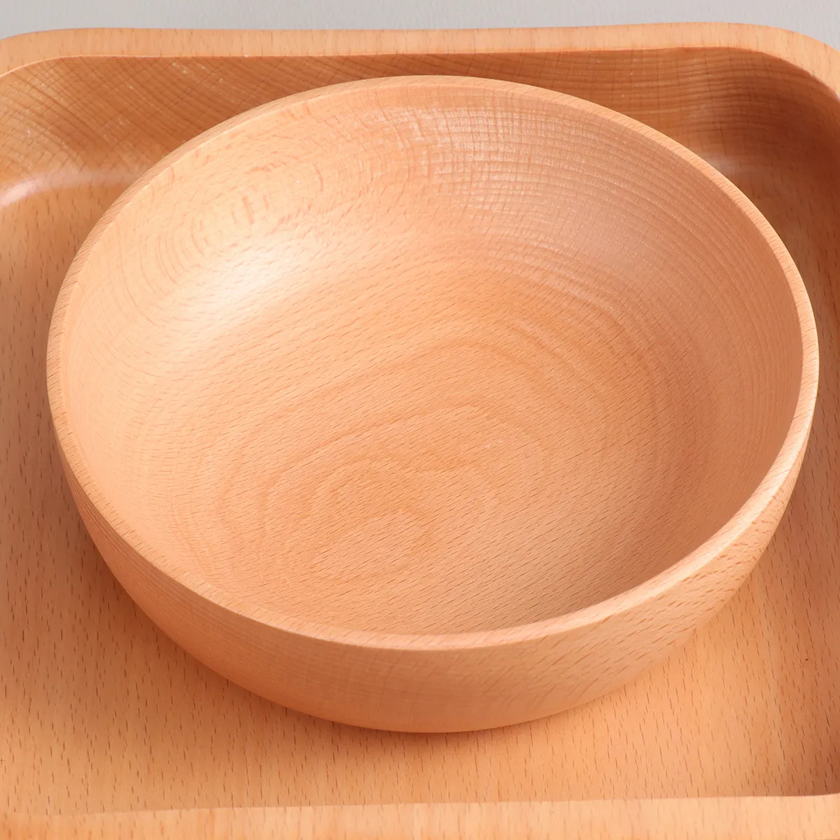 Medium Size Beech Wood Soup Bowl Japanese Style Flat Bottom Wooden Round Bowl for Salad Rice Vegetable Serving Restaurant Home