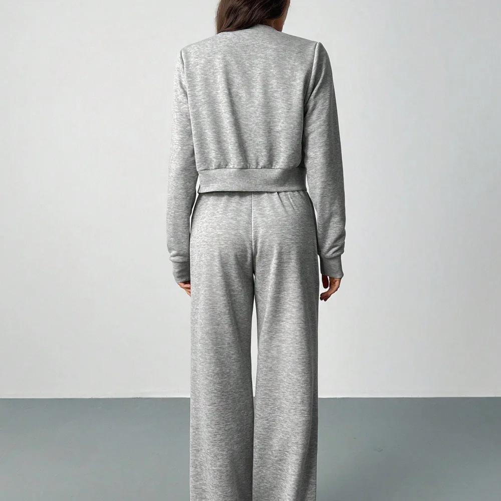 Womens Casual Tracksuit Autumn Winter Long Sleeve Crop Cardigan Jogger Pants Set Solid Color Elegant Leisure Outfits