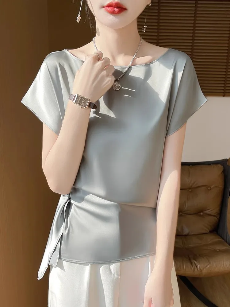 Faionable Acetato Raso di seta Allentato ort Sve Top monospalla per donna Ele Colore puro Estate Nuovo Sle Versatile Top