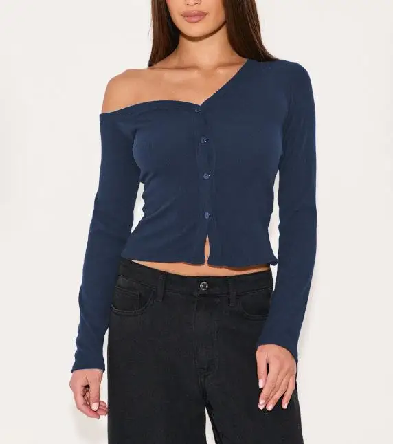 

Autumn Hot Selling Women's Slanted Shoulder Long Sleeved Button Knit Cardigan T-Shirt Sexy Spicy Girl Style Slim Fit Top
