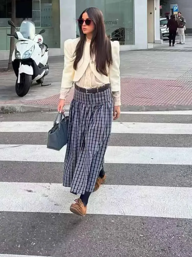 

European and American style winter new arrivals fashionable and trendy casual women's mid-waisted plaid midi skirt with belt