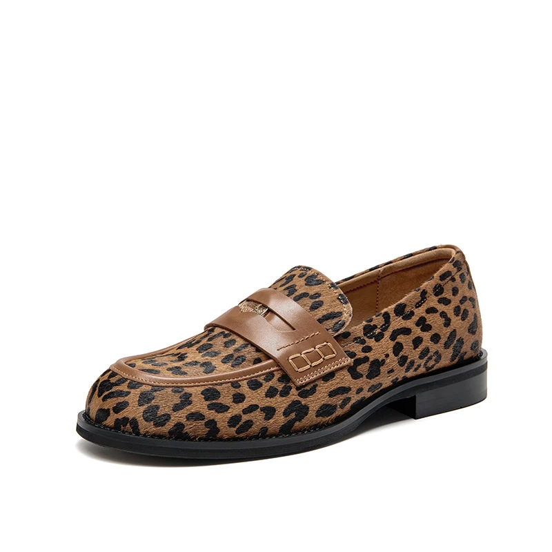 BEAUTODAY Penny mokasyny damskie skóra bydlęca okrągłe Toe kwadratowy obcas wzór w cętki szycie Outdoor Casual mieszkania kobiece ręcznie robione 26238 — zdjęcie 2