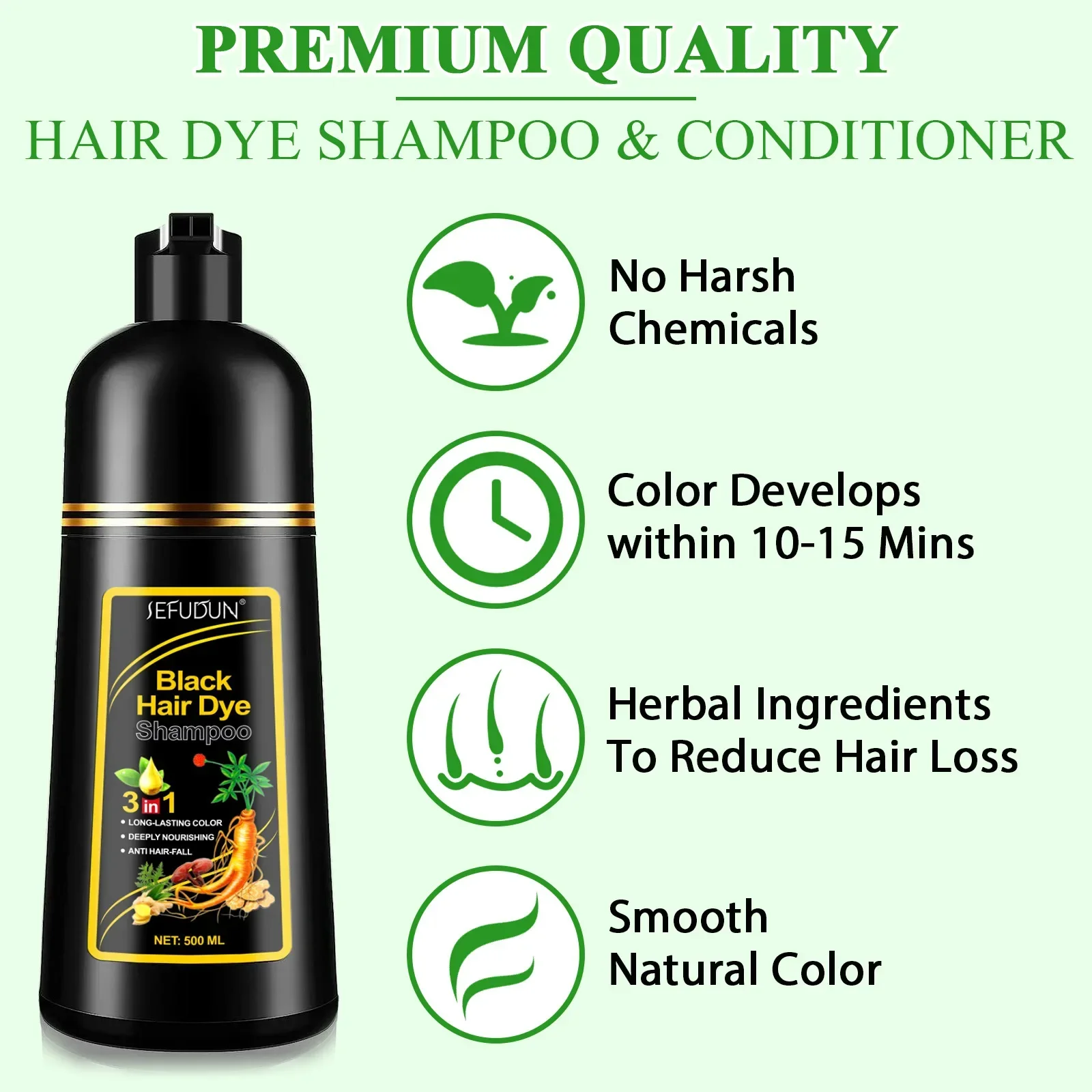 염색약 Shampoo 3 in 1 Organic Natural Hair Dye Ginseng Extract Black Hair Color Шампунь Для Волос for Cover Gray White Hair 500ML