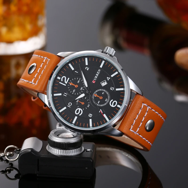 CURREN 8164 Men Quartz Watch Orange Black Fashion Unique  Cool Leather Strap Wristwatch for Male Gift Chronograph Not Available