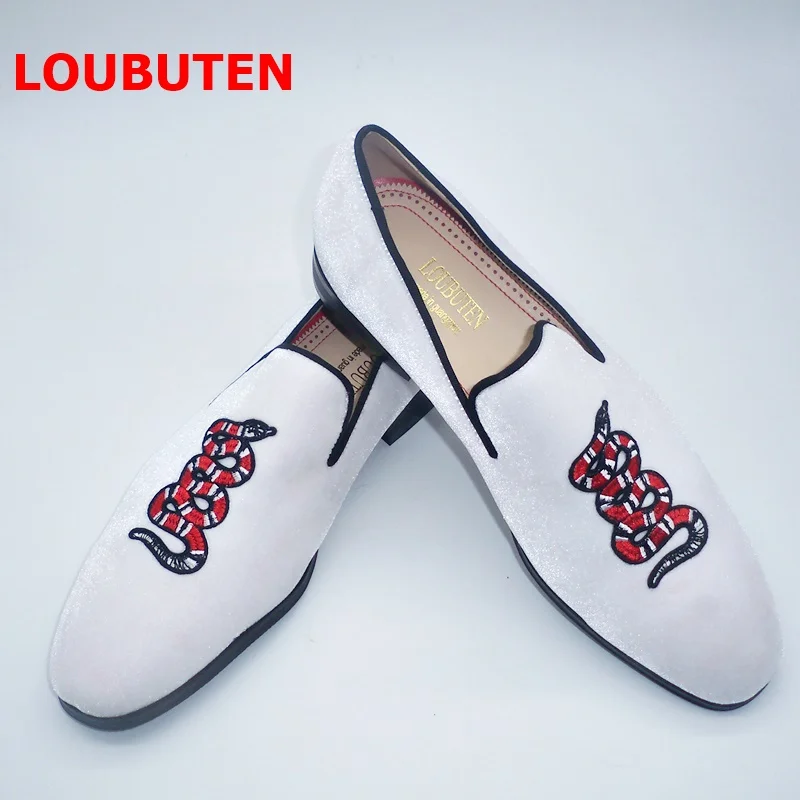 LOUBUTEN White Men Velvet Loafers Fashion Snake Embroidery Dress Shoes Handcrafted Casual Shoes Men's Flats Party And Prom Shoes