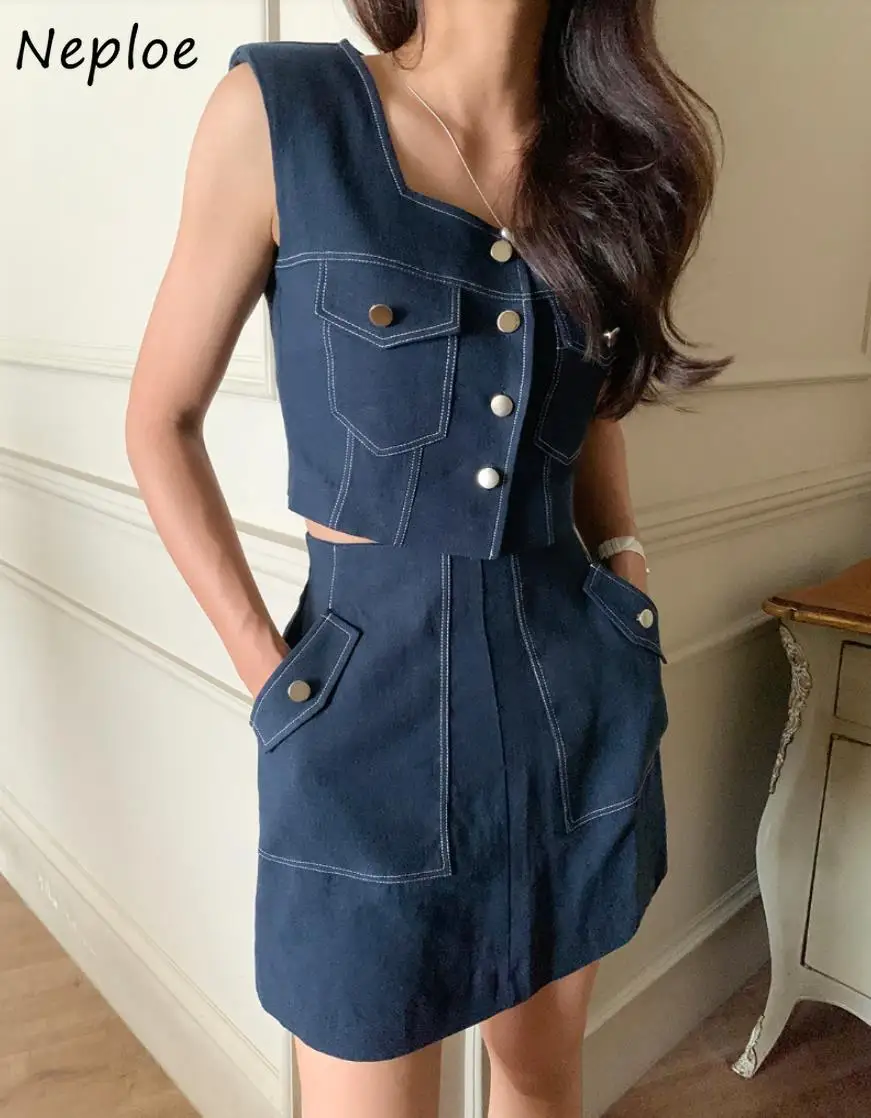 

Neploe Square Collar Age Reduction Pure Desire New Faldas Sleeveless Vest High Waist Bodycon Skirt Slim Vintage Two-piece Set
